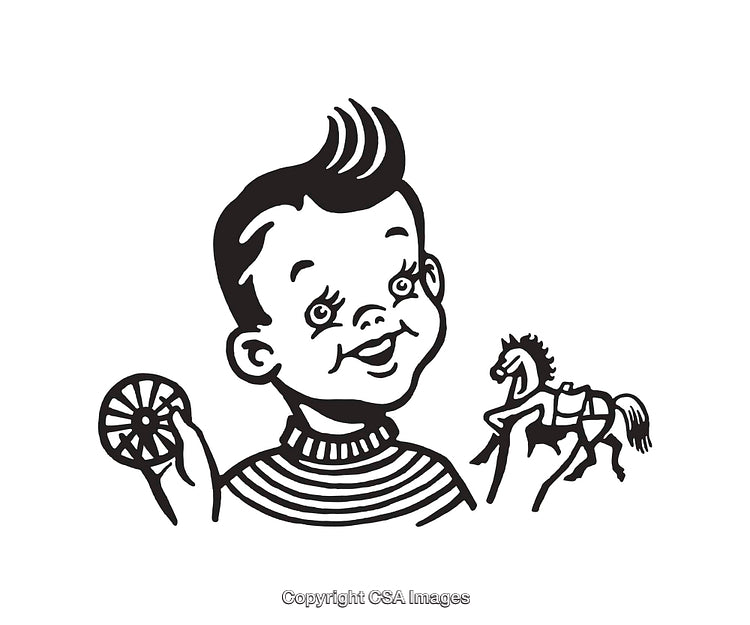 Vintage Line Art Of Child Holding Wheel And Horse Toys
