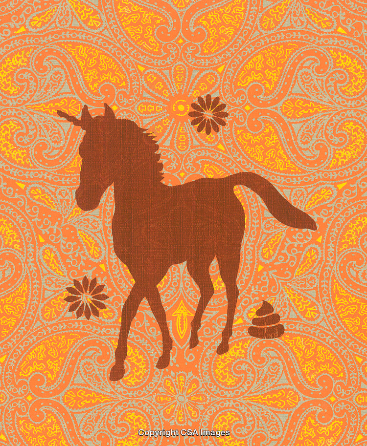 Silhouette of a Unicorn on a Vibrant Retro Paisley Background