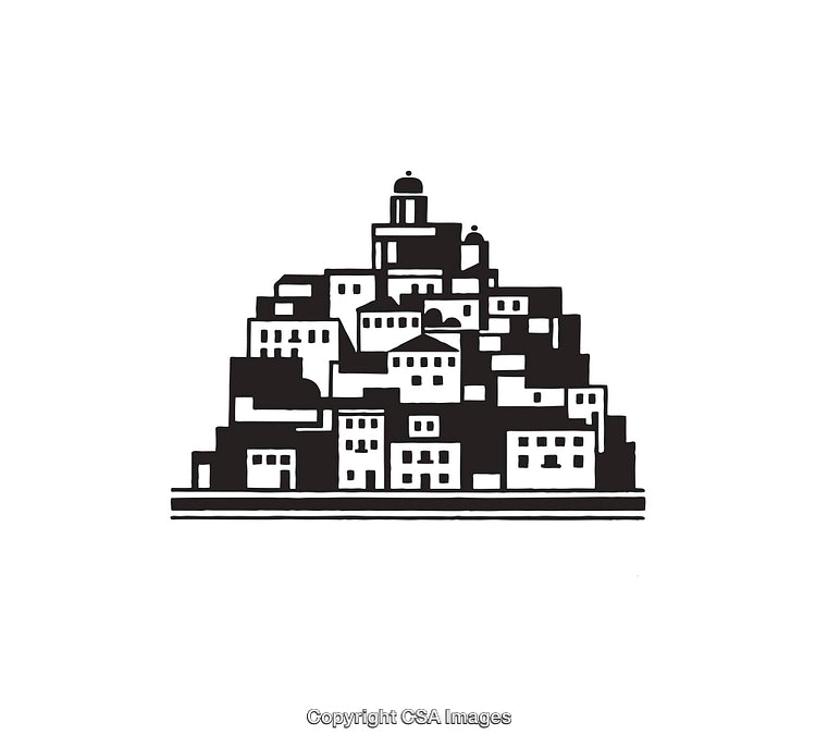 Simple Black and White Icon Depicting a Clustered Hilltop Village