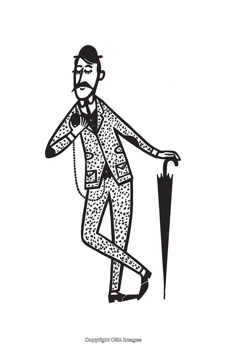 Stylized Black-And-White Illustration of a Well-Dressed Gentleman with Umbrella