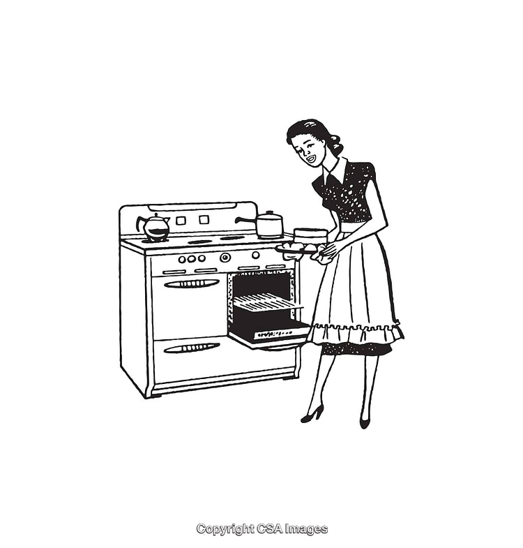 Retro Illustration of a Woman Cooking in a Vintage Kitchen Setting