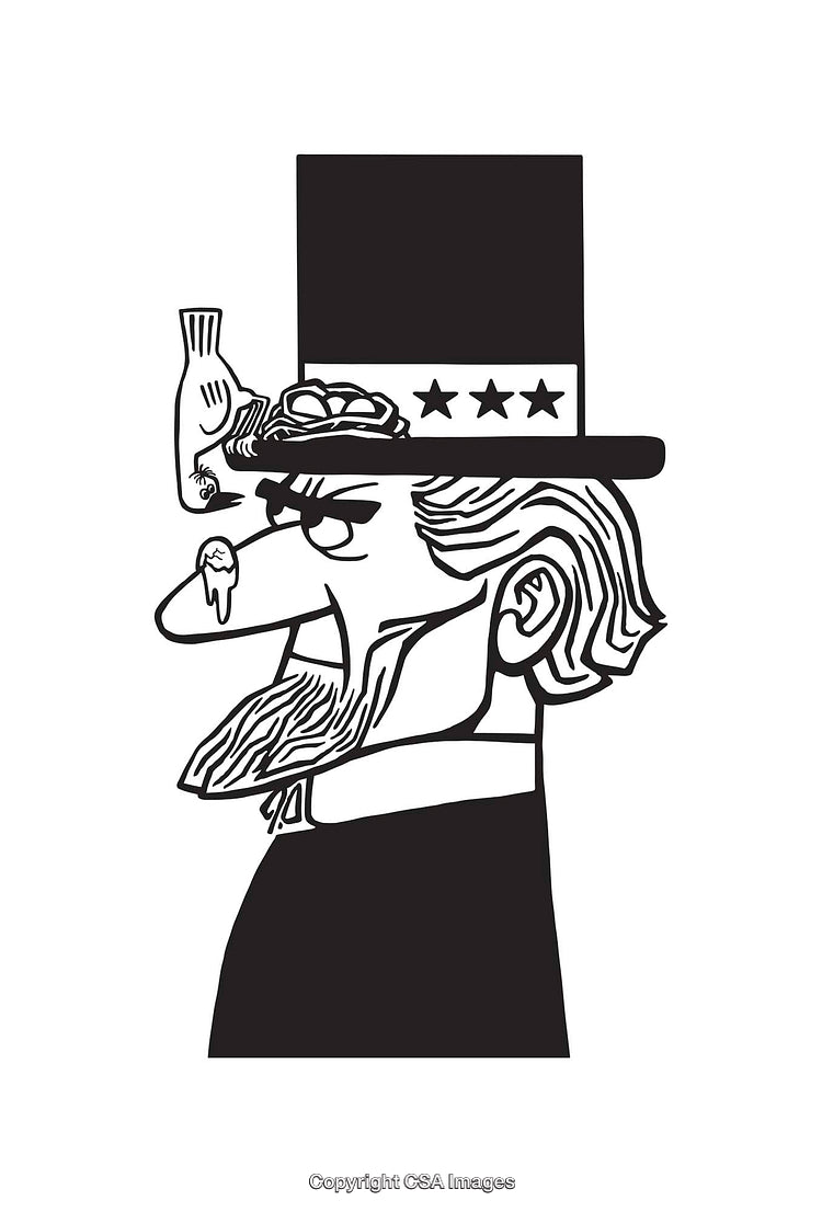 Line Art Illustration of a Bearded Man With a Bird at His Hat