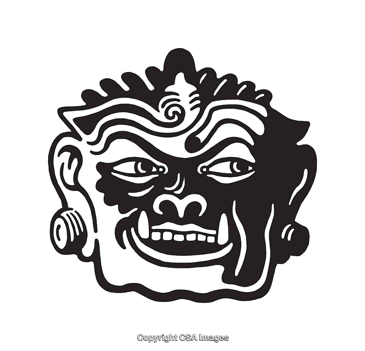 Intricate Black and White Demon Mask Line Art Illustration