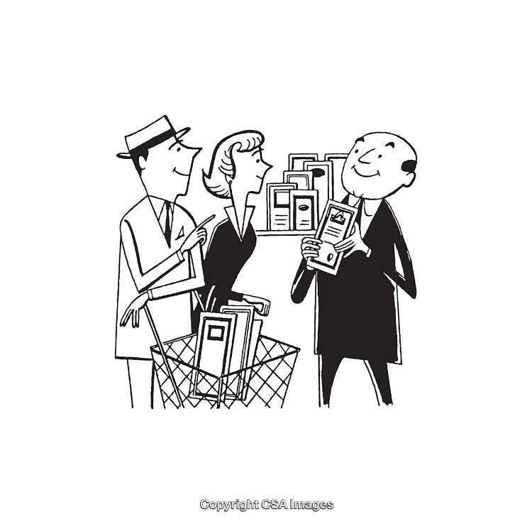 Retro Line Art Illustration of Cheerful Interaction in Grocery Store