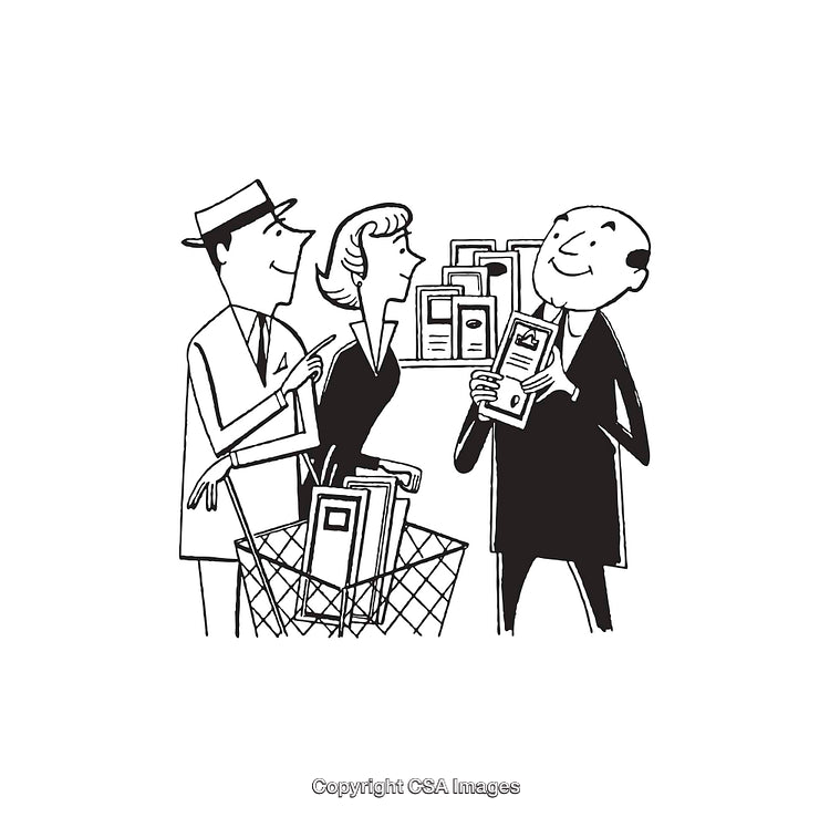 Retro Line Art Illustration of Cheerful Interaction in Grocery Store
