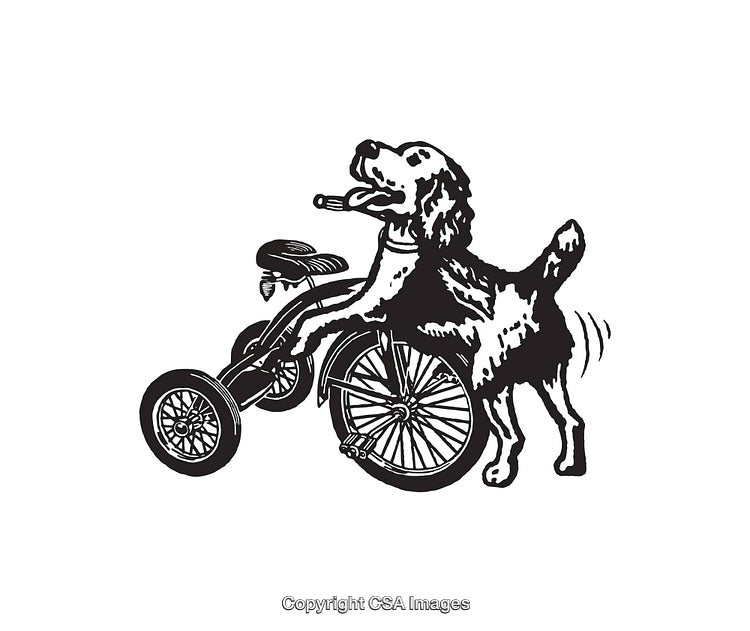 Black and White Illustration of a Dog Pushing a Tricycle