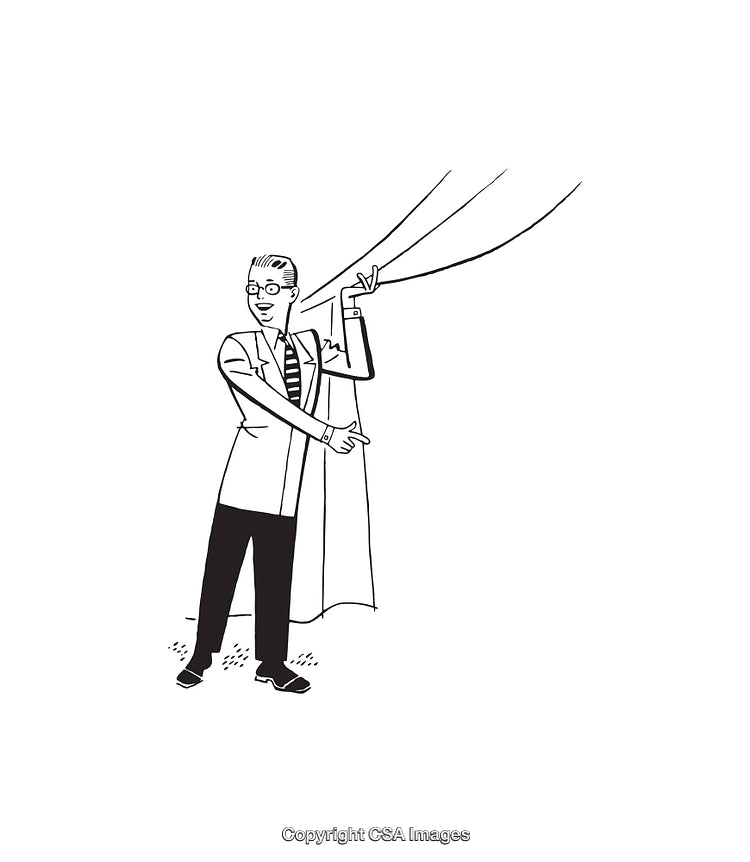 Illustration of a Man Gesturing with a Curtain in Black and White