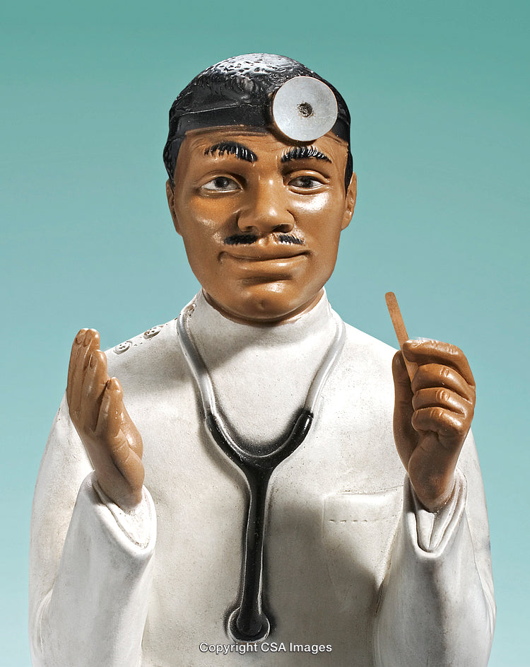 Vintage Plastic Doctor Toy Figurine with Stethoscope on a Blue Background