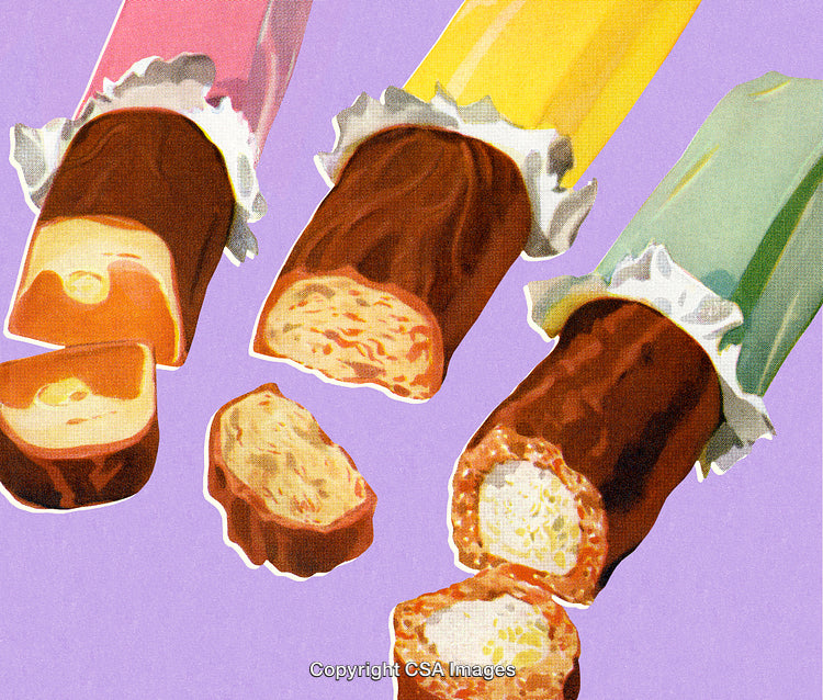 Colorful Wrapped Chocolate Bars Sliced Open on Light Purple Background