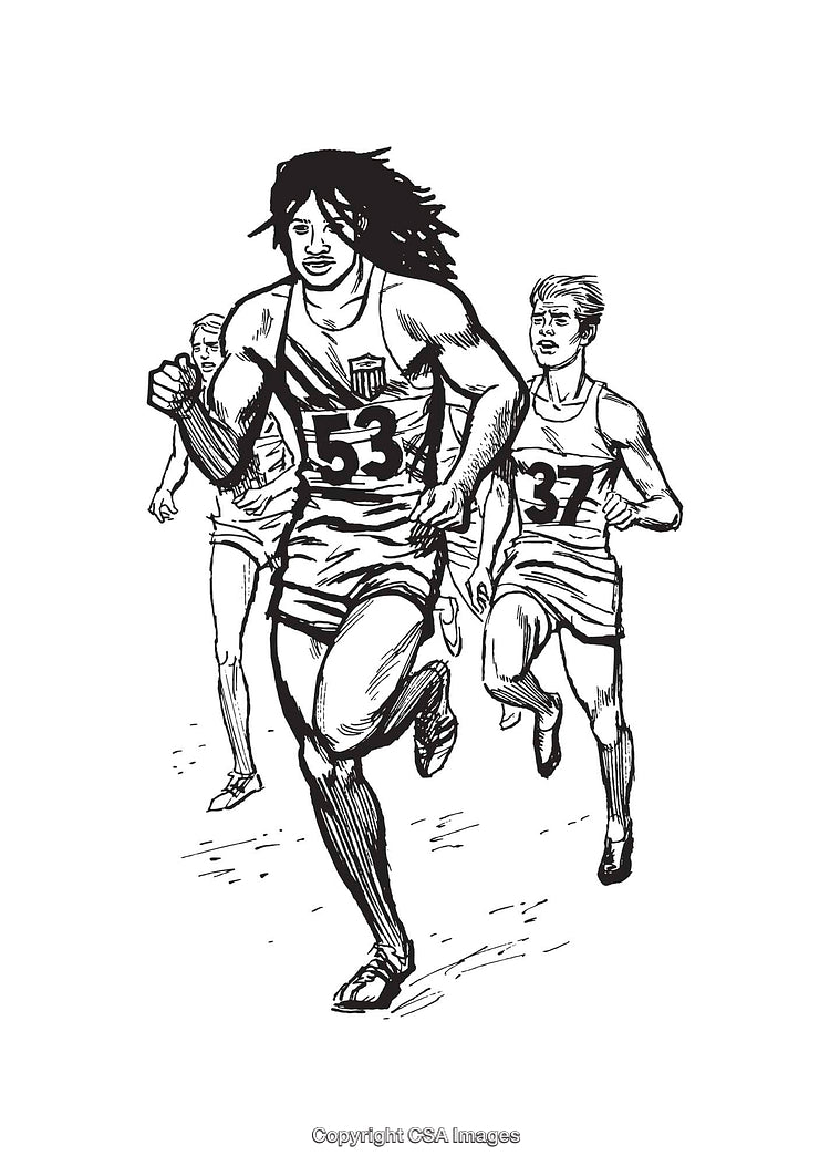 Black and White Line Art of Male Athletes Sprinting in Competition