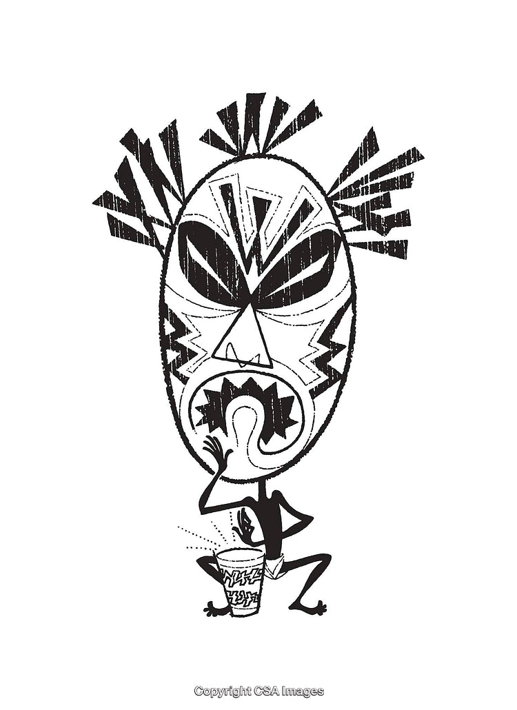 Black and White Tribal-Style Mask Illustration Featuring Drumming Figure
