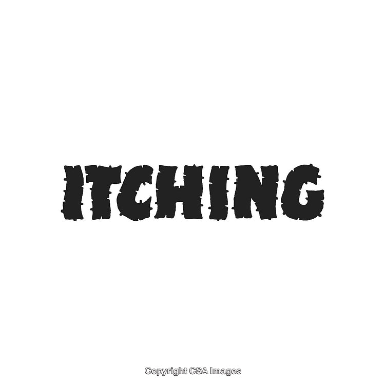 The Word Itching in Textured Black Typeface on White Background