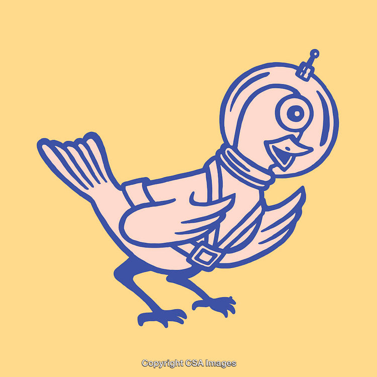Quirky Line Art Illustration of a Bird Dressed in a Space Suit