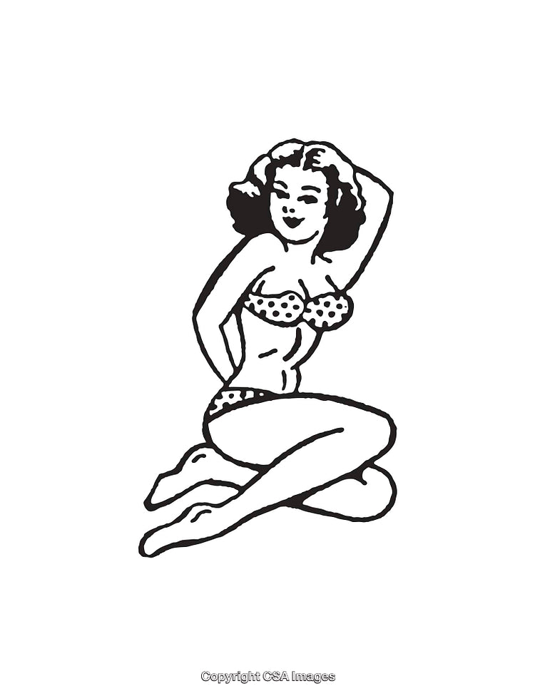 Retro-Style Pin-Up Girl Illustration in Black and White Line Art