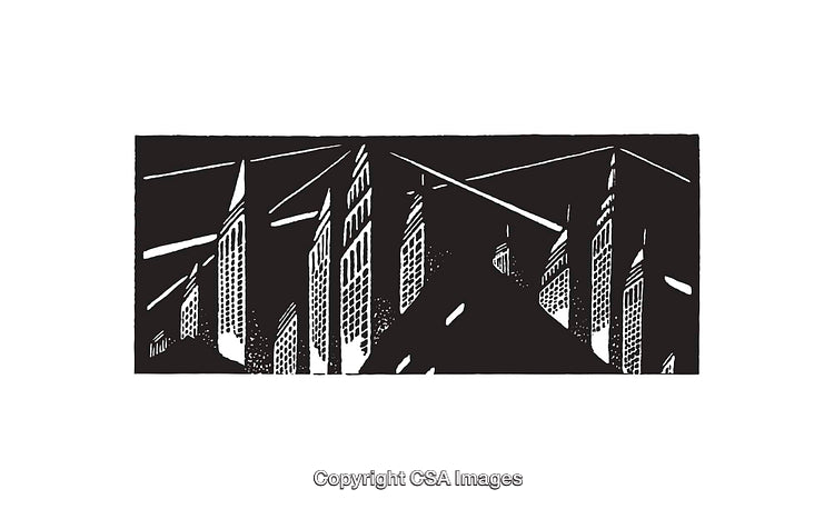 Black and White Line Art Depicting Geometric Urban Skyscrapers
