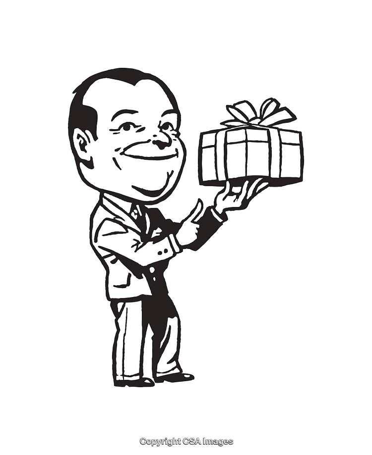 Cartoon Man in Suit Holding a Gift Box With Bow