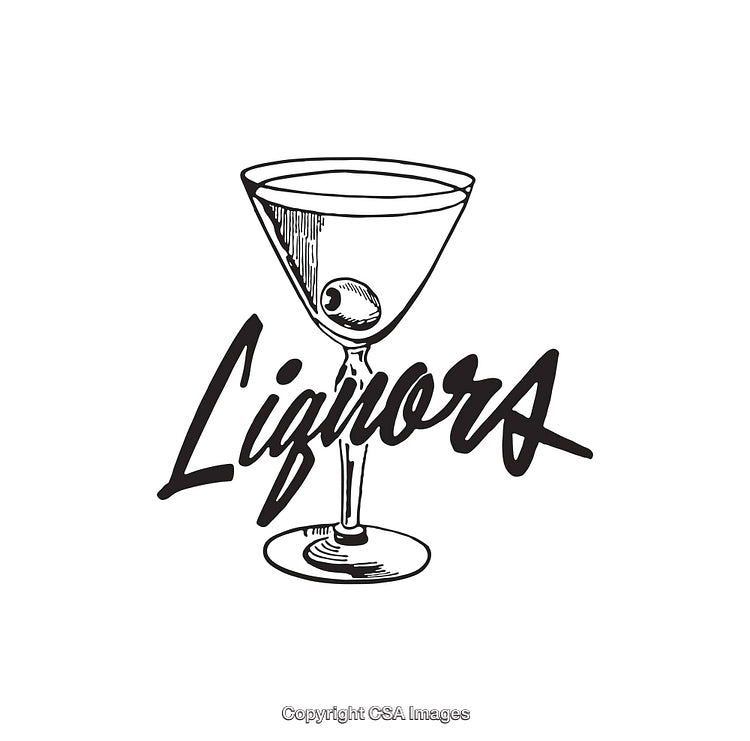 Black and White Line Art Depiction of a Martini Glass with Text Overlay
