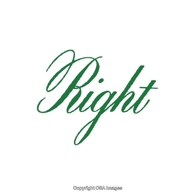Green Cursive Script Text Depicting the Word 'Right' on White Background