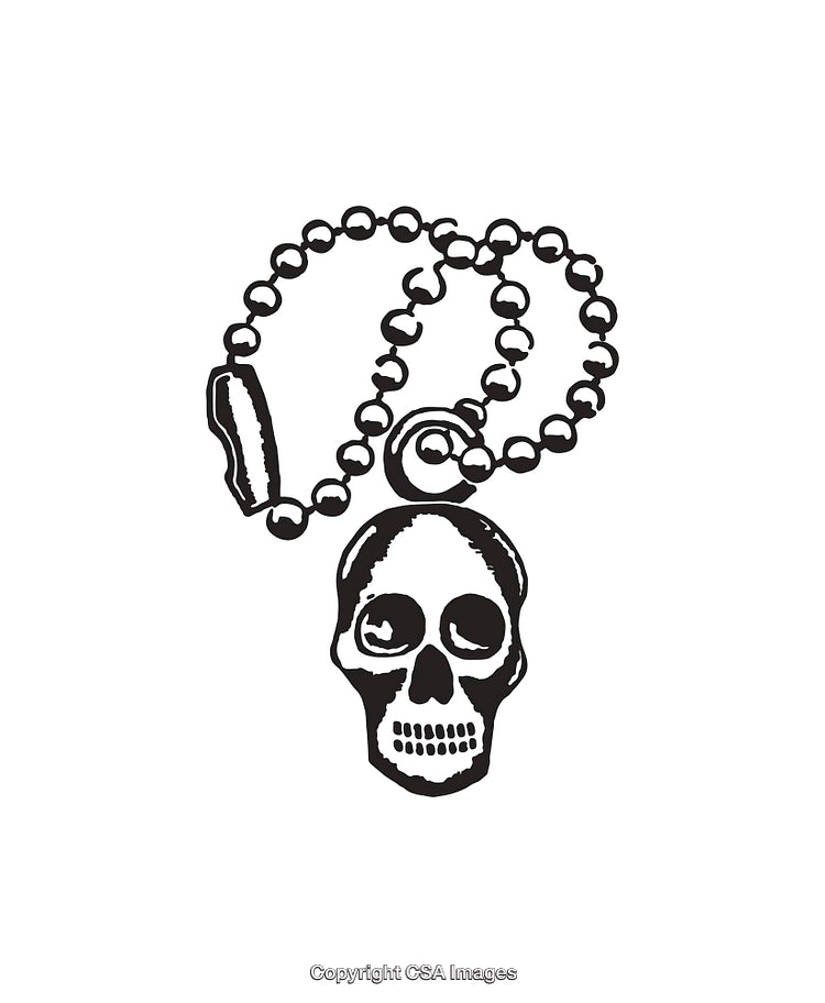Intricate Skull Design with Bead Necklace in Black and White Line Art