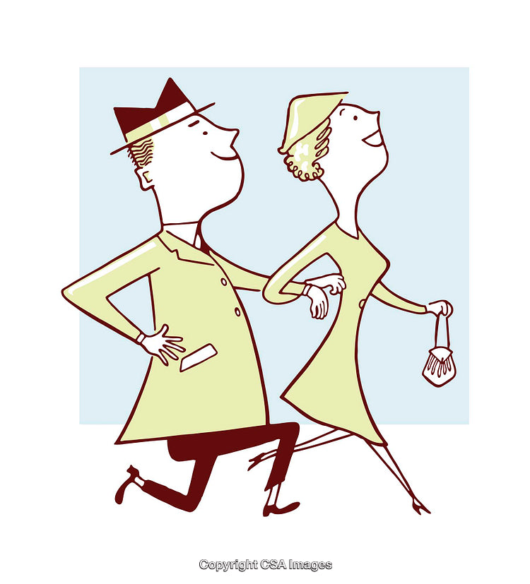 Retro Illustration of a Cheerful Couple Walking Arm in Arm