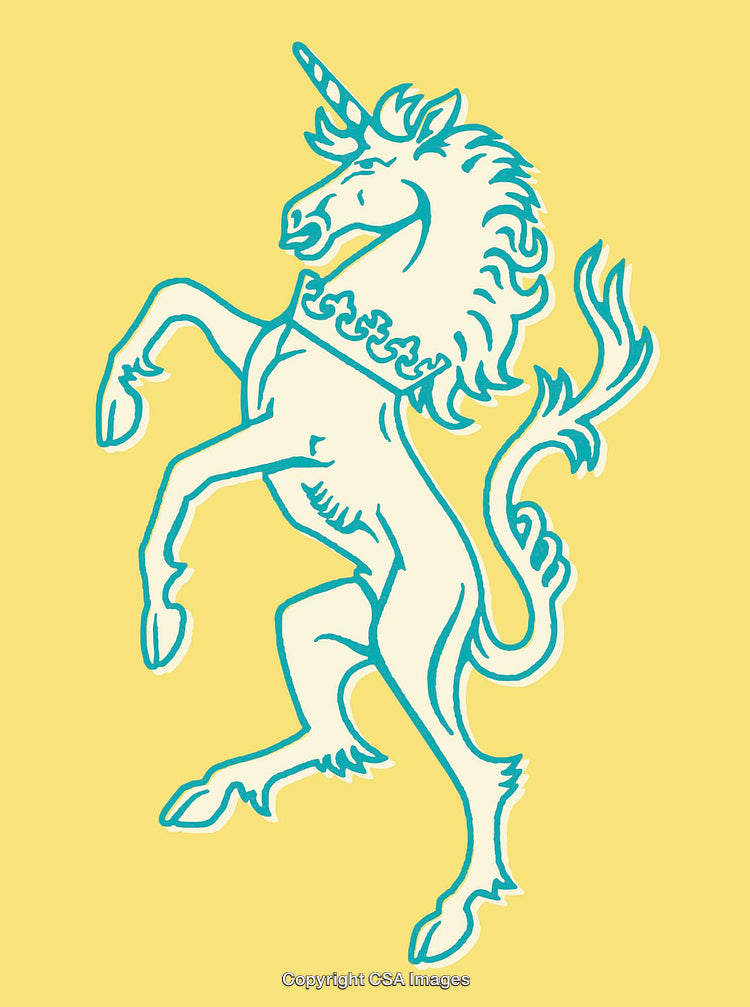 Illustrative Unicorn Emblem in Vibrant Blue on Yellow Background