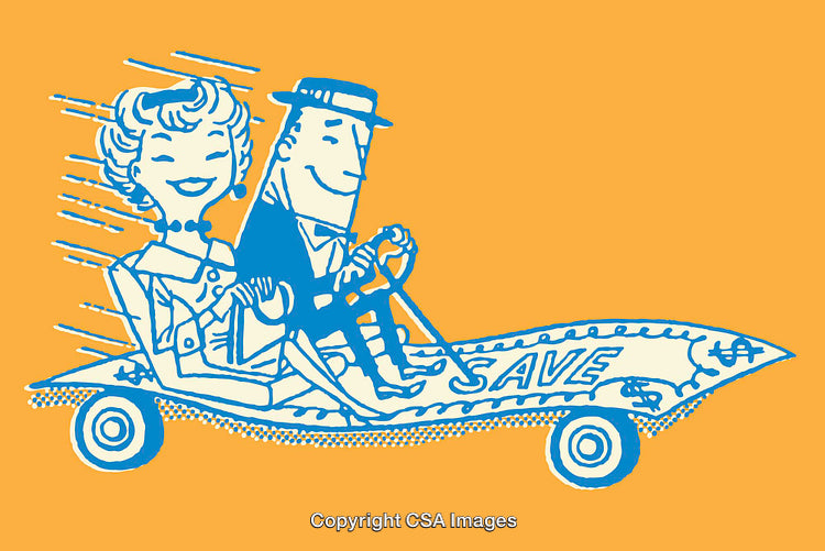 Retro Styled Illustration of People Enjoying a Fun Ride in a Creative Vehicle