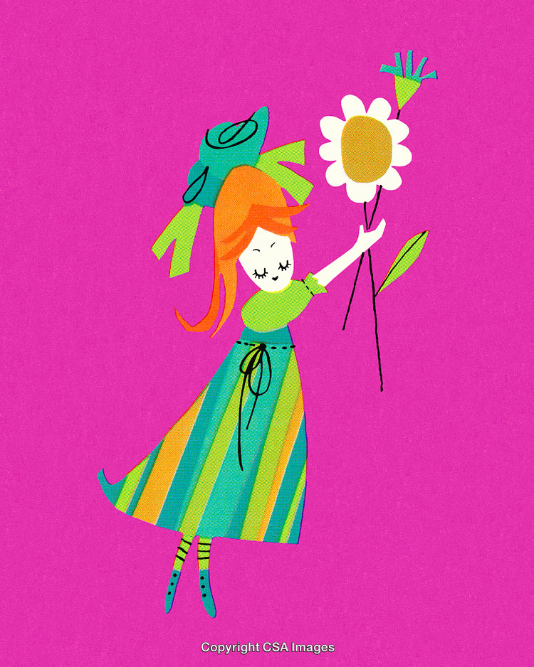 Bright Illustrator Style of Girl With a Flower on a Pink Background