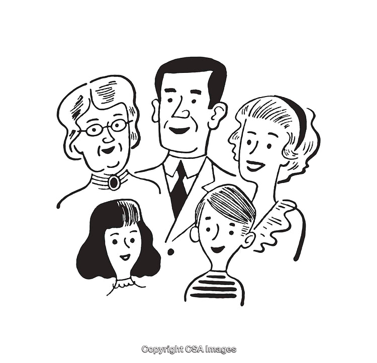 Illustrated Black and White Line Art of a Smiling Family Portrait