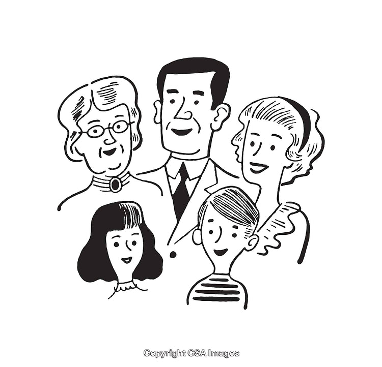Illustrated Black and White Line Art of a Smiling Family Portrait