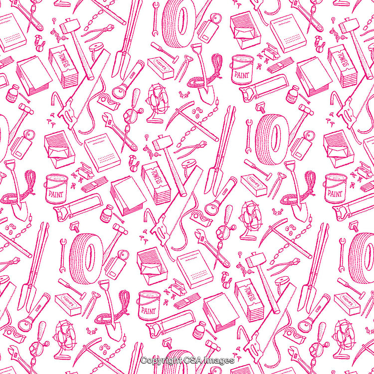 Pink Outlined Tools and Supplies Patterned Background Design