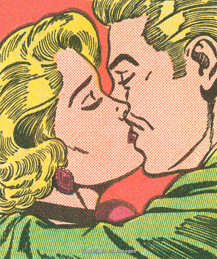 Retro Comic-Style Illustration Depicting a Romantic Couple Sharing a Passionate Kiss