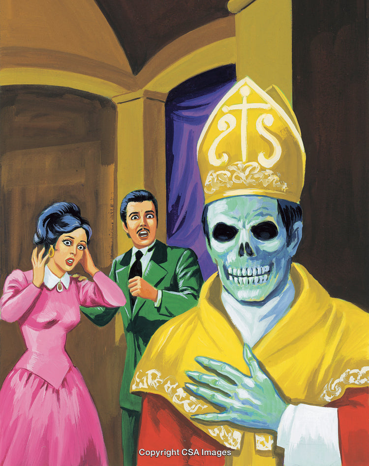 Surprised Couple Confronting a Skeleton in Religious Attire