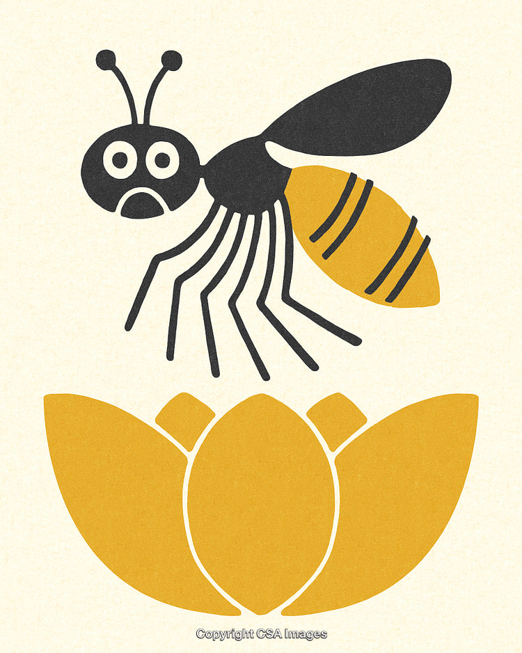 Sad Bee Flying Above a Blooming Yellow Flower in Contemporary Art Style