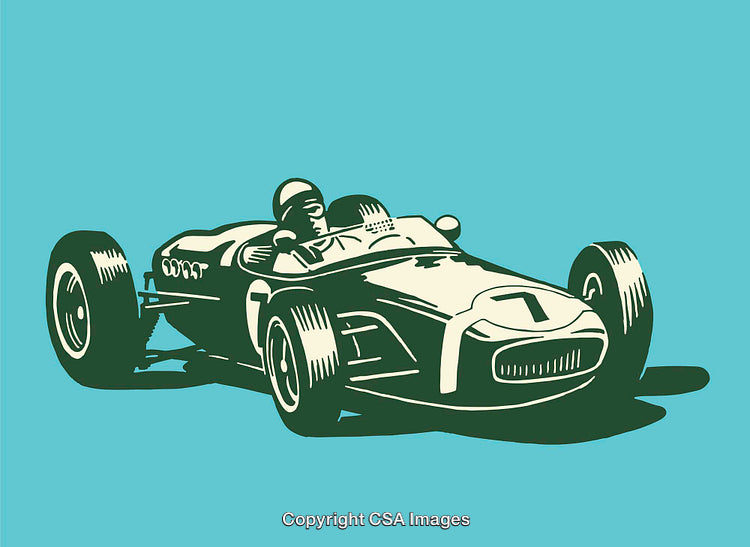 Vintage Race Car Against a Blue Background in Minimalist Line Art Style