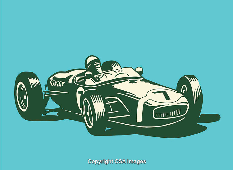 Vintage Race Car Against a Blue Background in Minimalist Line Art Style