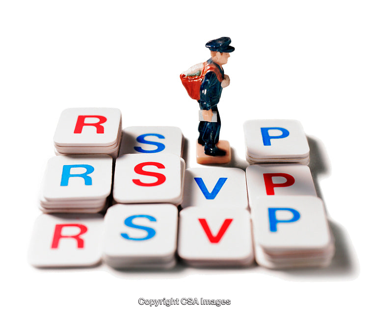 Miniature Figurine Postman with RSVP Letters on White Background