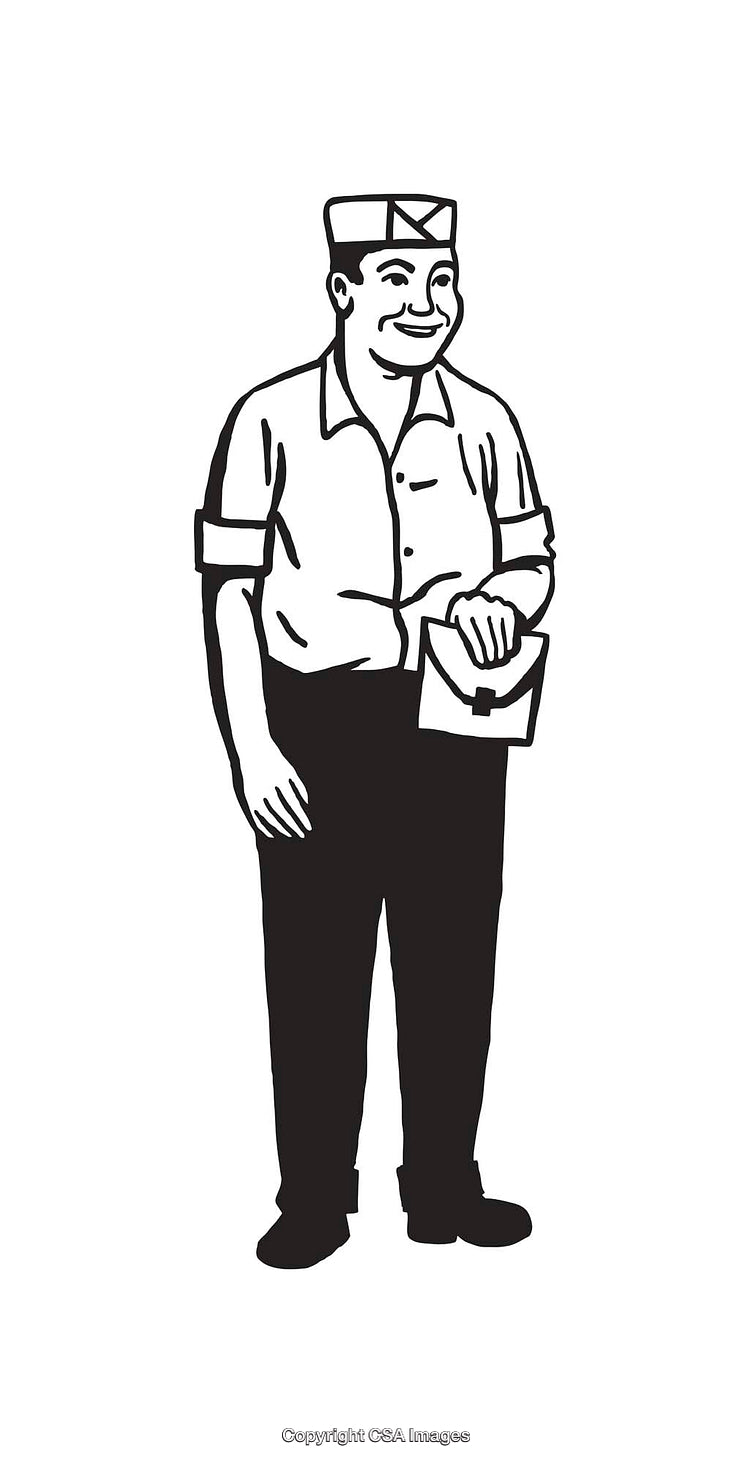 Black and White Line Art Illustration of a Smiling Mail Carrier