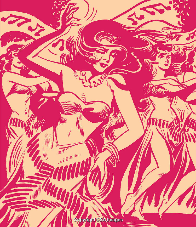 Illustration of Dancing Women with Flowing Garments and Musical Elements