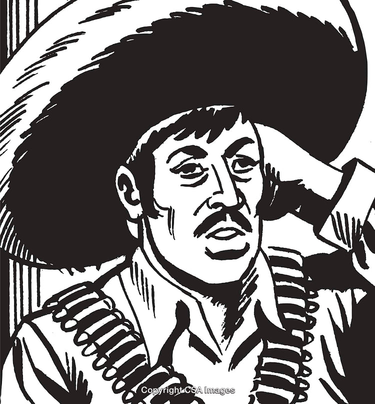 Black-and-White Illustration of a Traditional Character in a Sombrero