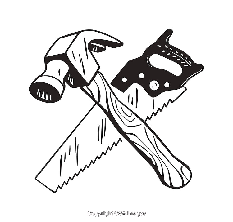 Black And White Line Art of Tools Featuring Hammer and Saw