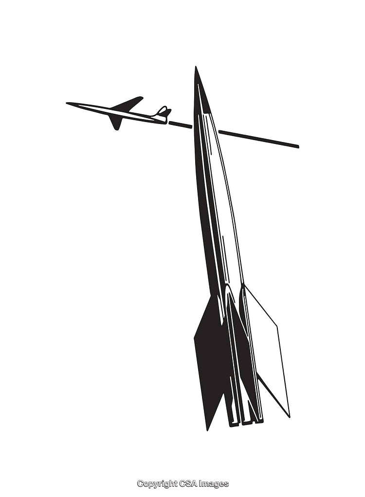 Black and White Line Art of Rockets and Planes in Flight