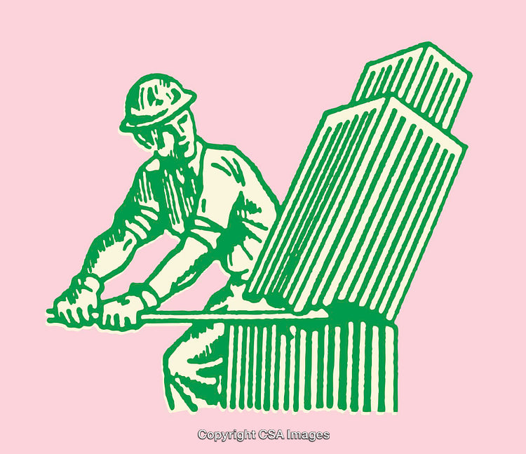 Green Worker Illustration Against Pink Background, Industrial Building Leaning