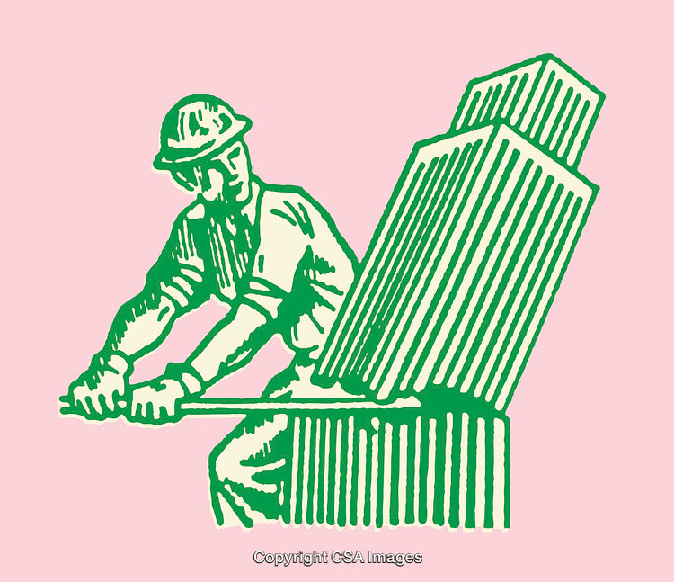 Green Worker Illustration Against Pink Background, Industrial Building Leaning