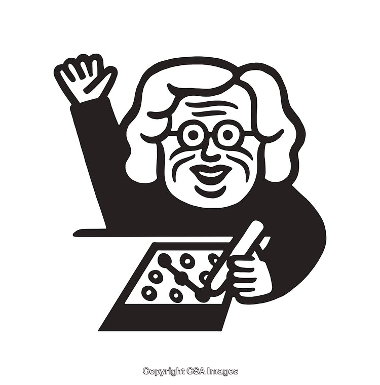 Black and White Line Art of a Scientist Illustrating a Diagram