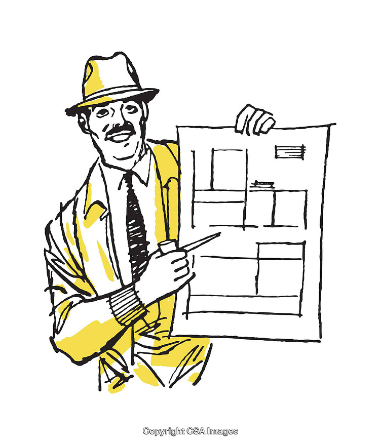 Smiling Man Pointing at a Blueprint with Confidence