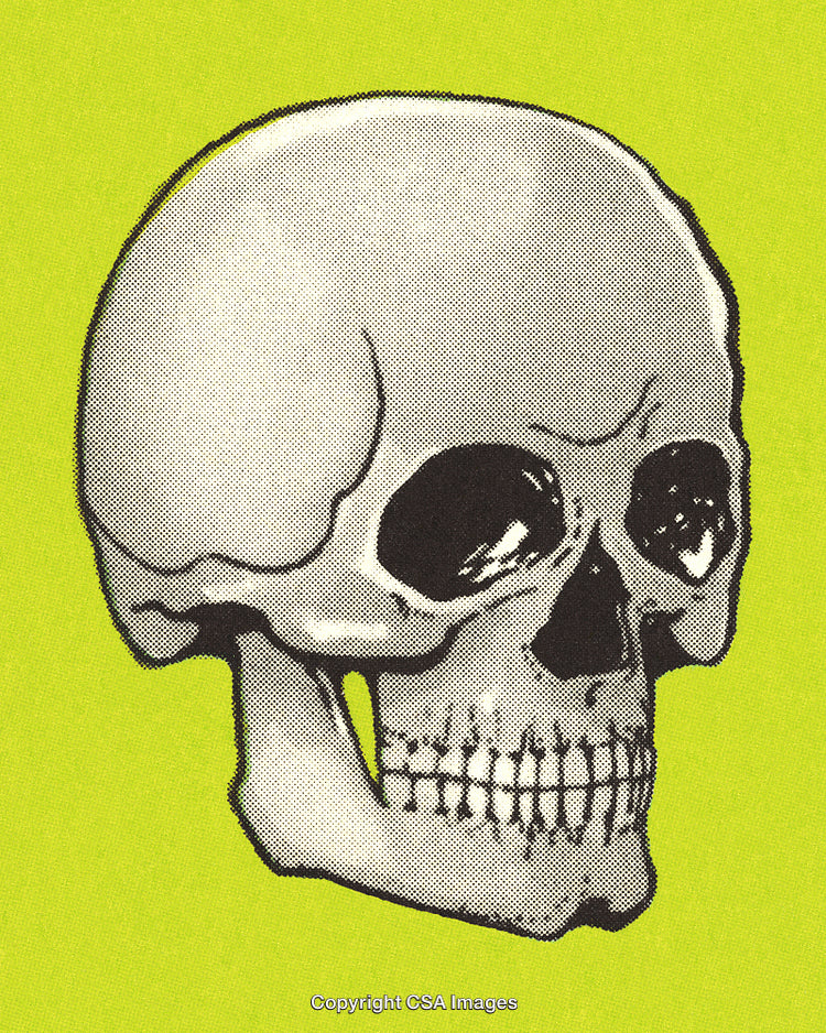 Black and White Skull Illustration on Bright Green Background