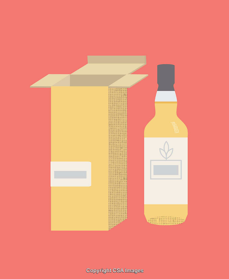 Minimalist Illustration of a Beverage Bottle with Packaging on Red Background
