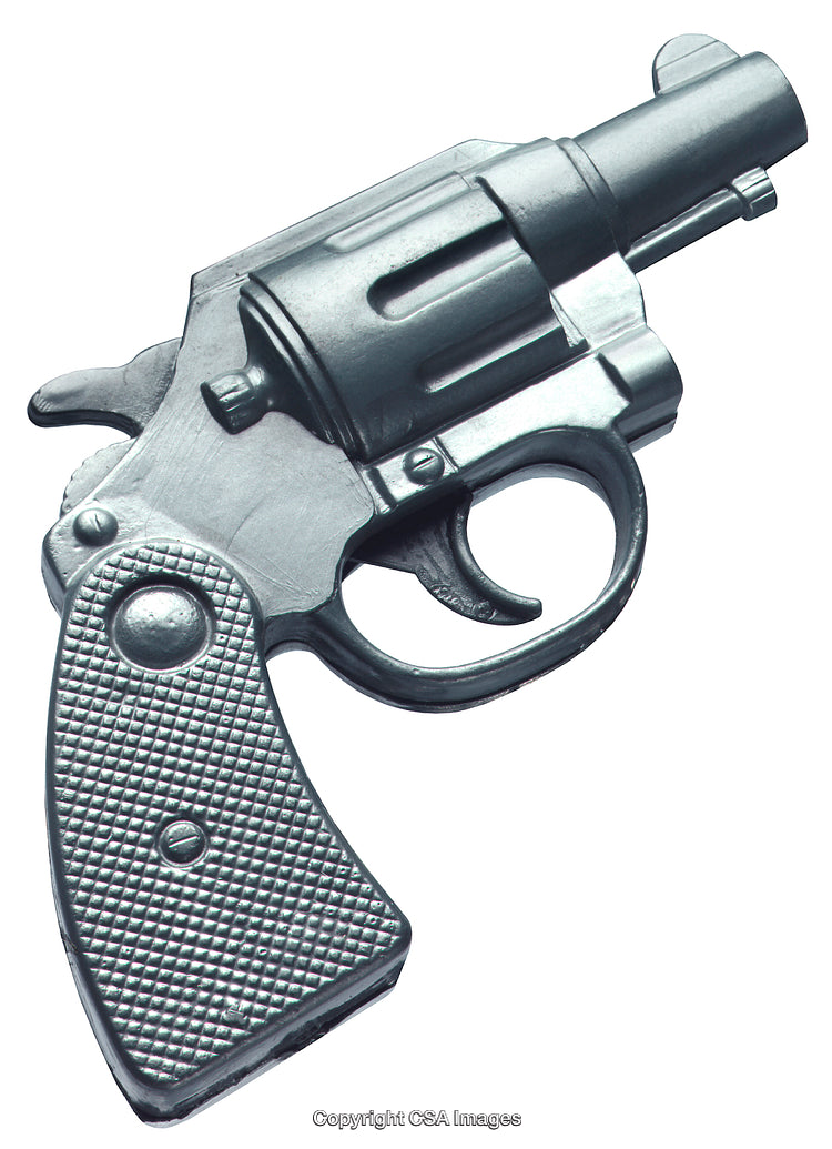 Close-Up of a Toy Gun Revolver With a Metallic Finish Isolated
