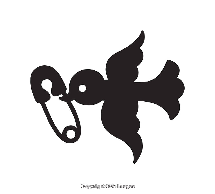 Silhouette of a Flying Bird Carrying a Safety Pin in Black and White