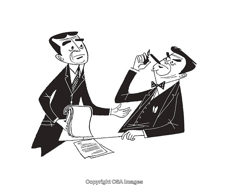 Vintage Black and White Illustration of a Business Interaction at a Desk